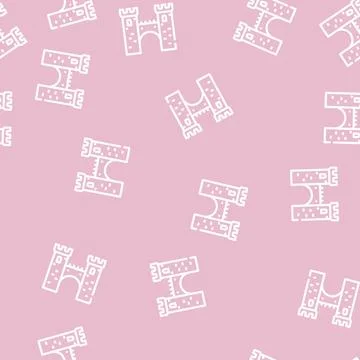Bridge between castle towers line vector seamless pattern Stock Illustration
