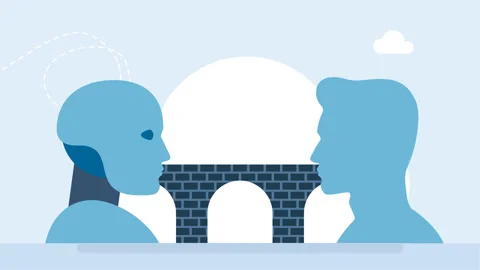 A bridge between the heads of a robot and a human. Human collaboration with AI Stock Footage 320455599