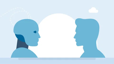 Bridge between the heads of robot, human. Human vs AI. Disappearance of bridge Video stock 321674846