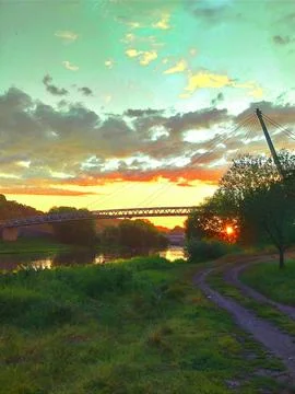 Bridge Between Hills At Sunset Stock Photos