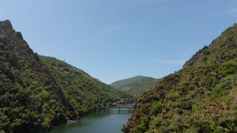 Bridge Between Mountains In Encoro de Santo Estevo, Spain - Aerial Drone Shot Stock Footage 283657318