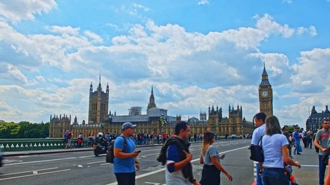 Bridge Big Bell Clock Tower London City Traffic Car Uk Stock Footage 90493236