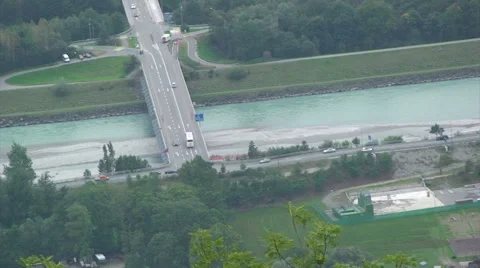 Bridge on the border over river Rhine, pan right Stock Footage 48980660