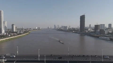 Bridge city river pull away Stock Footage 298170009