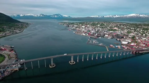 Bridge of city Tromso, Norway Aerial footage Stock Footage