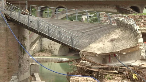 Bridge collapsed following river flooding Stock Footage 264337614