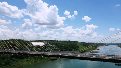 Bridge Construction Aerial Cross View Connect Brazil and Paraguay Video stock 233511478