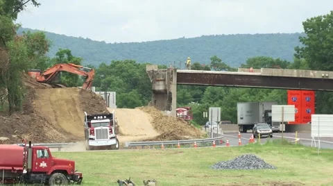 Bridge Construction, removal of bridge over Highway  Stock Footage 64953714