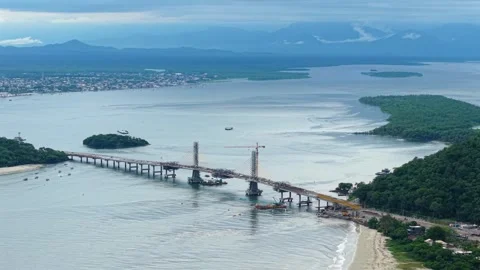 Bridge construction site aerial view over Guaratuba bay Parana Brazil Stock Footage 330903082