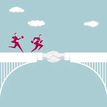 A bridge of cooperation, two businessmen running on the bridge. Stock Illustration