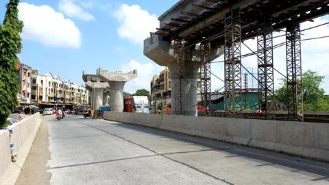 Bridge is currently under construction at several levels to increase traffic Stock Photos