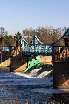 Bridge with dam on the Oder River, Wroclaw. Stock Photos