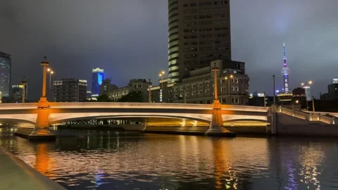 Bridge deck lights at night in Shanghai under lockdown Stock Footage 197283097