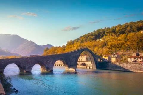 Bridge of the Devil or Ponte della Maddalena in Garfagnana. Tuscany, Italy. Stock Photos