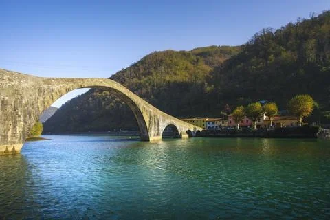 Bridge of the Devil or Ponte della Maddalena in Garfagnana. Tuscany, Italy. Stock Photos