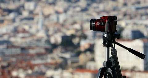Bridge Digital Camera On Tripod Taking The Urban Landscape Of Nice Stock Footage 102769932
