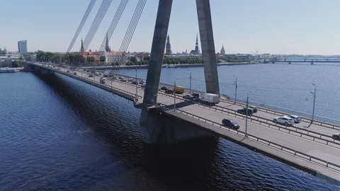 Bridge dronelapse Riga Latvia Daugava River city, cityscape, bridge Stock Footage 88911259