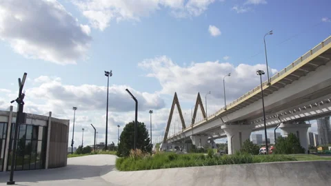 Bridge features iconic M-shaped pylon against clear sky Видео 327804722