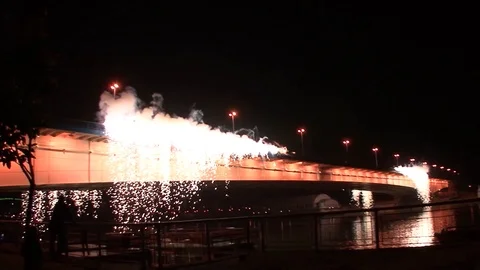Bridge Firework Display at Night Stock Footage 85834823