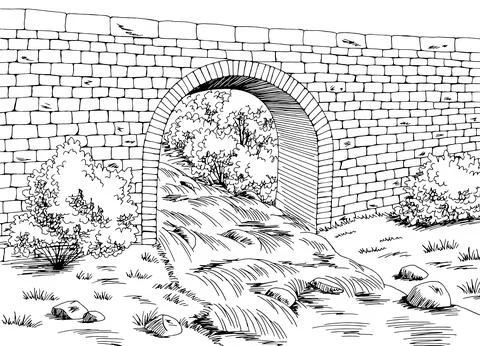 Bridge graphic river black white landscape sketch illustration vector Stock Illustration