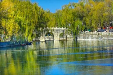 Bridge Green Willows Reflection Beihai Lake Park Beijing China Stock Photos