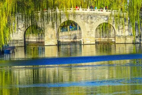 Bridge Green Willows Reflection Beihai Lake Park Beijing China Stock Photos