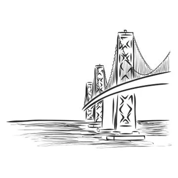 Bridge hand drawn, vector illustration illustration, river landscape Stock Illustration