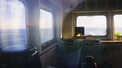 Bridge of Large Ferry Boat, Engine Console Point of View Video stock 300658863