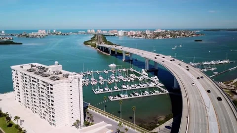 Bridge Leading into Clearwater Florida Beach from Downtown in 4k Aerial Stock Footage