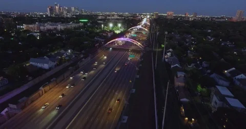 Bridge Lights Over 59 S. - Houston Aerial Drone Stock Footage 121022902