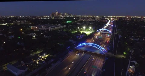 Bridge Lights Over 59 S. - Houston Aerial Drone Video stock 121022996