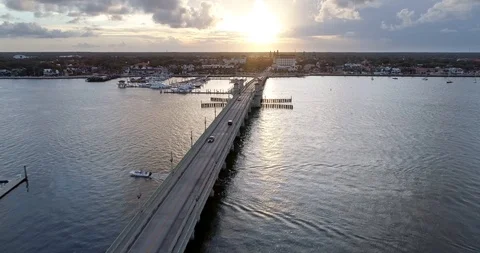 Bridge of Lions to Downtown St. Augustine, Florida, Aerial Drone Shot Stock Footage 95793682