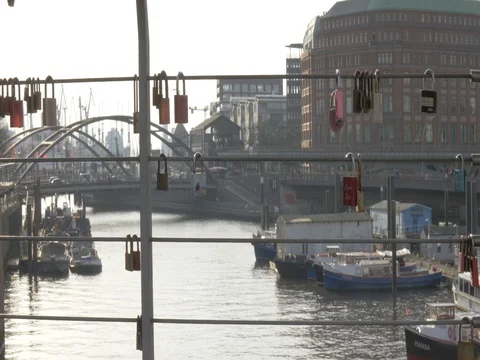 Bridge with love padlocks, real anamorphic Stock Footage 82579229