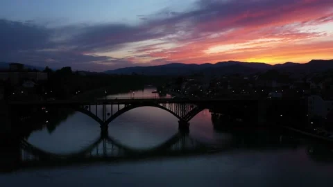 Bridge in Maribor Slovenia with sunset in background 01 Stock Footage