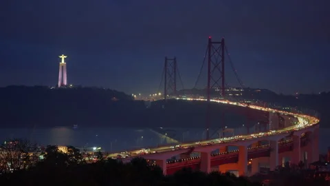 Bridge from Miradouro do Bairro do Alvito tourist viewpoint with Tagus river Stock Footage 305103020