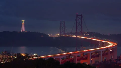 Bridge from Miradouro do Bairro do Alvito tourist viewpoint with Tagus river Stock Footage 311755756