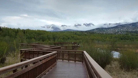 Bridge to the mountains, cloudy day. Alaska ,Anchorage. Stock Footage 74794153