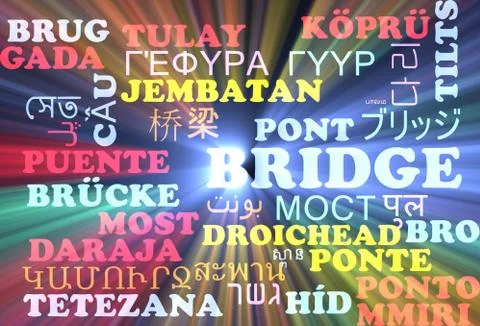 Bridge multilanguage wordcloud background concept glowing Stock Illustration
