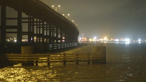 Bridge at night in Port Isabel Stock Footage 104888043