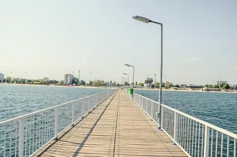The bridge over Black Sea, seafront and seaside with blue water, Romania Stock Photos