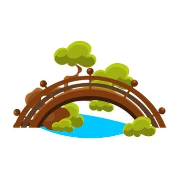 Bridge Over Blue Stream Bonsai Miniature Traditional Japanese Garden Landscape Ilustração Stock