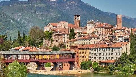Bridge over Brenta River, called Ponte Vecchio (Old bridge), Ponte di Bassano Stock Footage 118368571