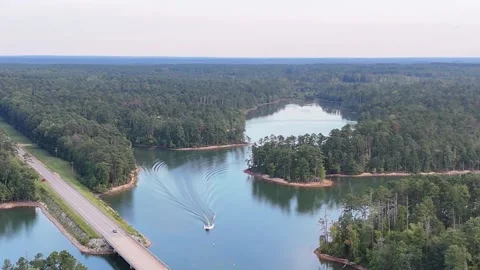 Bridge Over Clarks Hill Lake or Strom Thurmond Reservoir Surrounded by Forest Stock Footage 336513617