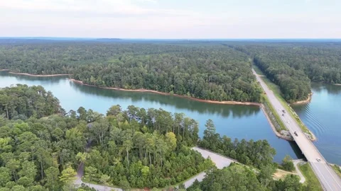 Bridge Over Clarks Hill Lake or Strom Thurmond Reservoir Surrounded by Forest Stock Footage 336513707