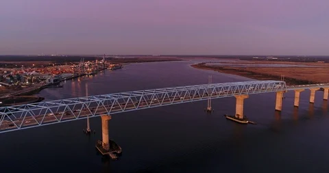 Bridge over Cooper River, Shipping port and industrial paper mill Stock Footage 124143180