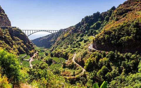 Bridge over deep lush green valley and banana plantations, La Palma. Stock Photos