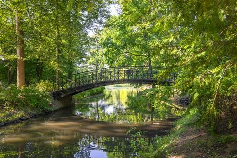 Bridge over duckpond in park Stock Photos