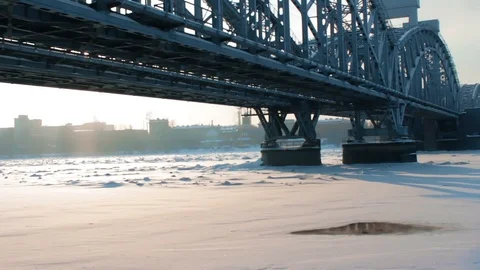 Bridge over Frozen River Stock Footage 102221187