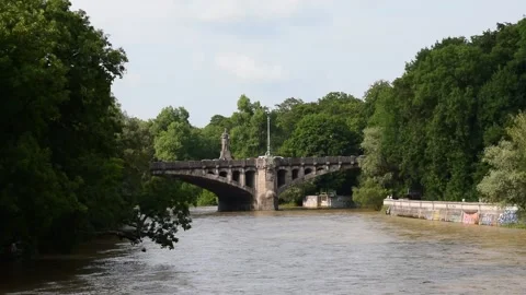 Bridge over the Isar river in Munich city Stock Footage 133015930