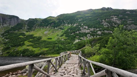 Bridge over Maly Staw lake in Karkonosze mountains. Stock Footage 340993048